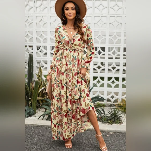 Retro Mix Floral Long Sleeve Ruffle Tiered Flowing V-neck Long Maxi Dress - Picture 3 of 10